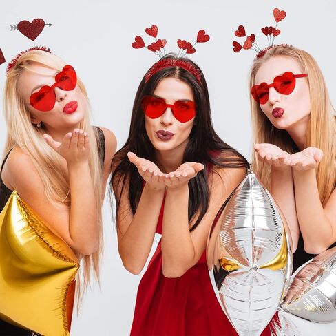 Whaline Valentine's Day Party Accessories 6Pcs Glitter Red Heart Bopper Headbands and 6 Pairs Heart Shape Eyeglasses Love Arrow Sparkling Hairband Transparent Eyewear for Wedding Party Favor Supplies in Saudi Arabia