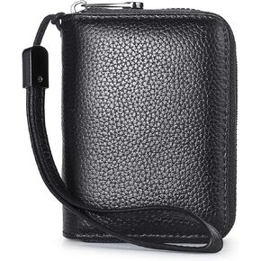 محفظة Suweibuke من الجلد الطبيعي لبطاقات الائتمان، محفظة بسحاب للمعصم وحامل بطاقات RFID ومحفظة جلدية مزدوجة الاستخدام للنساء والرجال (أسود كلاسيكي) in Kuwait