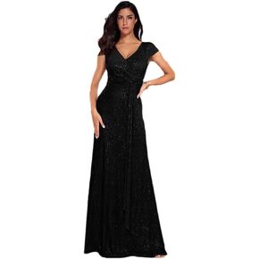meilun Short Sleeve Sequin Dress for Women Formal Gowns Sparkly V Neck Maxi Dress