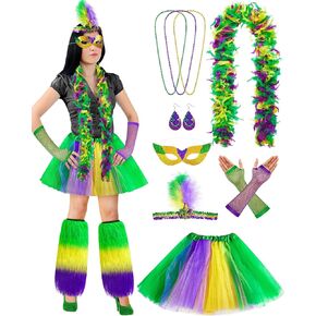 13 Pcs Mardi Gras Costume for Women Mardi Gras Outfit Accessory Set Include 2 Leg Warmer Cover Feather Boa Half Mask Tutu Skirt 3 Bead Necklace Feather Headband 2 Fishnet Gloves 2 Earrings Party Decor in Saudi Arabia
