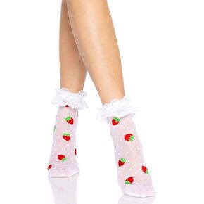 Leg Avenue Women's Strawberry Polka Dot Ruffle Top Anket Socks, One Size, White/Red