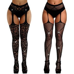 2 Pairs Fishnet Stockings, Women's Sparkly Rhinestone Pantyhose Patterned Tights