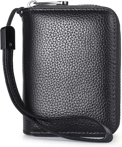 محفظة Suweibuke من الجلد الطبيعي لبطاقات الائتمان، محفظة بسحاب للمعصم وحامل بطاقات RFID ومحفظة جلدية مزدوجة الاستخدام للنساء والرجال (أسود كلاسيكي) in Kuwait