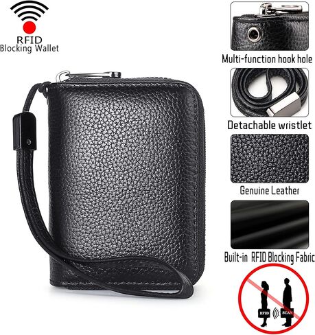 محفظة Suweibuke من الجلد الطبيعي لبطاقات الائتمان، محفظة بسحاب للمعصم وحامل بطاقات RFID ومحفظة جلدية مزدوجة الاستخدام للنساء والرجال (أسود كلاسيكي) in Kuwait