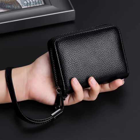 محفظة Suweibuke من الجلد الطبيعي لبطاقات الائتمان، محفظة بسحاب للمعصم وحامل بطاقات RFID ومحفظة جلدية مزدوجة الاستخدام للنساء والرجال (أسود كلاسيكي) in Kuwait