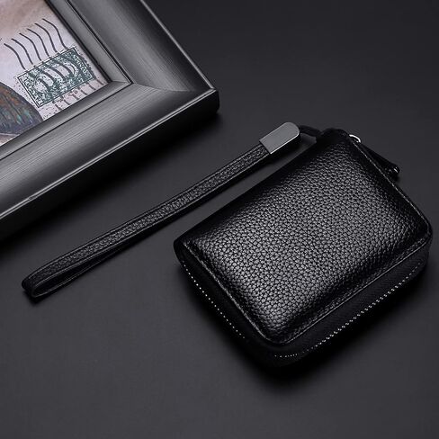 محفظة Suweibuke من الجلد الطبيعي لبطاقات الائتمان، محفظة بسحاب للمعصم وحامل بطاقات RFID ومحفظة جلدية مزدوجة الاستخدام للنساء والرجال (أسود كلاسيكي) in Kuwait