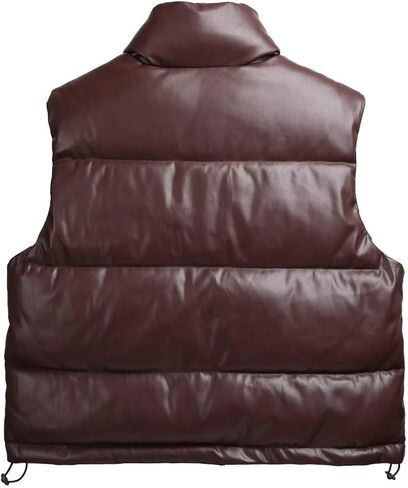 سترة منتفخة جلدية للسيدات من AKsit بدون أكمام دافئة بسحاب للشتاء سترة قصيرة بياقة واقفة in Kuwait