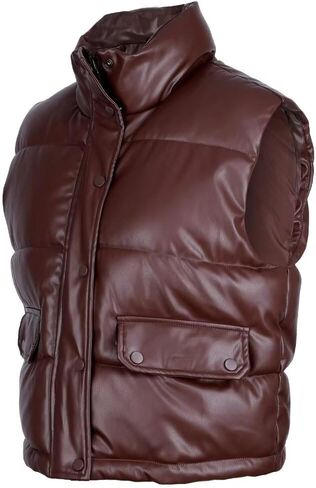 سترة منتفخة جلدية للسيدات من AKsit بدون أكمام دافئة بسحاب للشتاء سترة قصيرة بياقة واقفة in Kuwait