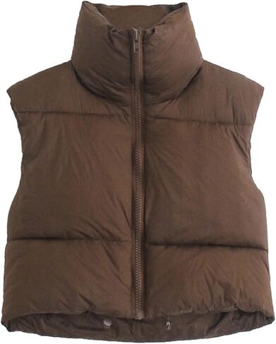 Women Crop Puffer Vest High Neck Zipper Lightweight Sleeveless Winter Warm Outerwear Padded Gilet in Kuwait