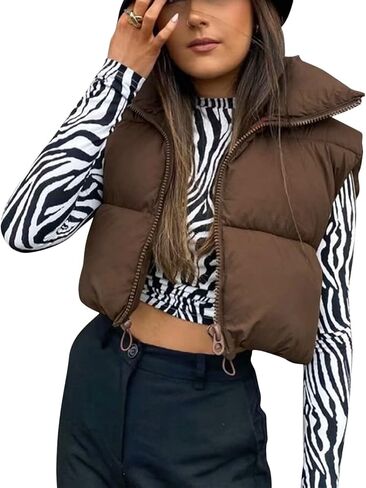 Women Crop Puffer Vest High Neck Zipper Lightweight Sleeveless Winter Warm Outerwear Padded Gilet in Kuwait