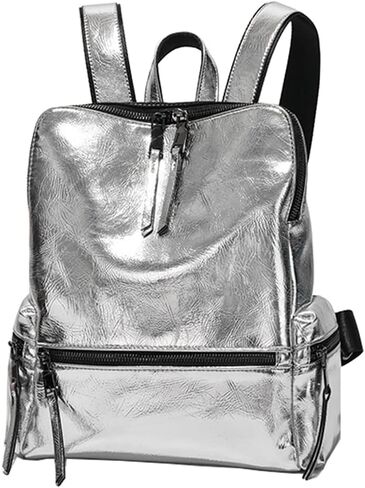 حقائب ظهر أنيقة للنساء من Downupdown حقيبة ظهر جلدية ناعمة لامعة مع مقبض علوي وسحاب ومحفظة حقائب كتف للسفر حقيبة يومية كاجوال مقاومة للماء - فضي in Kuwait