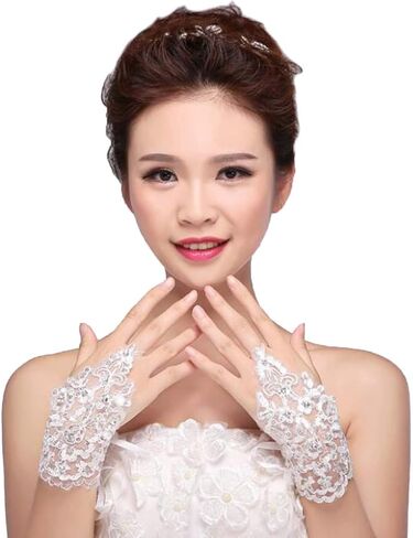 Jovono Women Bridal Wedding Gloves Rhinestone Fingerless Gloves Lace Driving Party Gloves in Kuwait