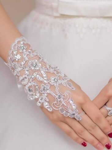 Jovono Women Bridal Wedding Gloves Rhinestone Fingerless Gloves Lace Driving Party Gloves in Kuwait