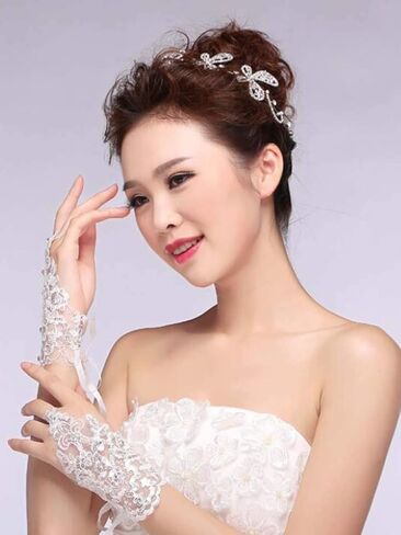 Jovono Women Bridal Wedding Gloves Rhinestone Fingerless Gloves Lace Driving Party Gloves in Kuwait