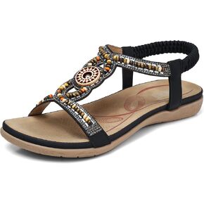 SHIBEVER Womens Flats Sandals Bohemia Beaded Open Toe Elastic Ankle Strap Sandals Summer Comfortable Beach Shoes Sandal