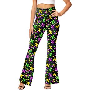 AOBUTE Womens Mardi Gras Bell Bottoms Purple Green Yellow High Waist Flare Pants in Kuwait
