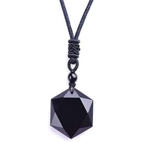 Caiyao Lucky Black Obsidian Hexagram Pendant Necklace Adjustable Rope Energy Healing Natural Stone Necklace for Men Boy Teens Lover Amulet Protection Valentine's Day Jewelry Gift in Saudi Arabia