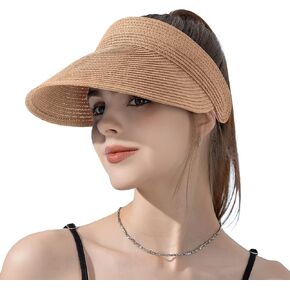 قبعة للوقاية من الشمس للنساء من القش قبعات ذات حافة كبيرة للنساء بعامل حماية من أشعة الشمس 50+ قبعات صيفية قابلة للتعبئة على شكل ذيل حصان للسفر للنساء in Kuwait