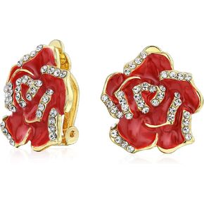 Pink Red Enamel Flower Crystal Edge Spring Retro Floral Rose Clip On Earrings For Women Non Pierced Ears 14K Gold Plated