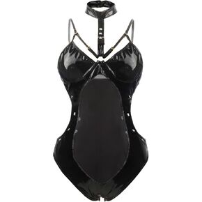 paloli Women's Leather Bodysuit Lingerie,Wet Look One Piece Halter Neck Leotard Clubwear Bodycon Mesh Patchwork Costume in Kuwait