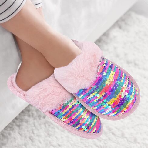 شباشب منزل من القطيفة للفتيات من دريم بريدج، شباشب ترتر قابلة للعكس باللون الوردي، شباشب ناعمة من القطيفة المريحة من الفرو بريليانس بلينغ غير قابلة للانزلاق، أحذية شتوية دافئة منفوشة سهلة الارتداء في الأماكن المغلقة للفتيات in Kuwait