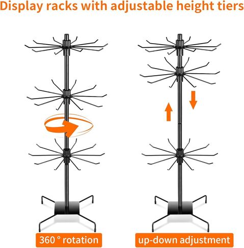 رف عرض دوار من 3 طبقات من باهفورام، حامل عرض للبيع بالتجزئة، رف عرض معدني دوار للمجوهرات وحلقات المفاتيح والقبعات والالعاب، دوار متحرك، ارتفاع قابل للتعديل، اسود، عبوة من قطعتين in Kuwait
