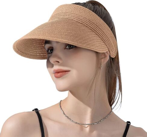 قبعة للوقاية من الشمس للنساء من القش قبعات ذات حافة كبيرة للنساء بعامل حماية من أشعة الشمس 50+ قبعات صيفية قابلة للتعبئة على شكل ذيل حصان للسفر للنساء in Kuwait