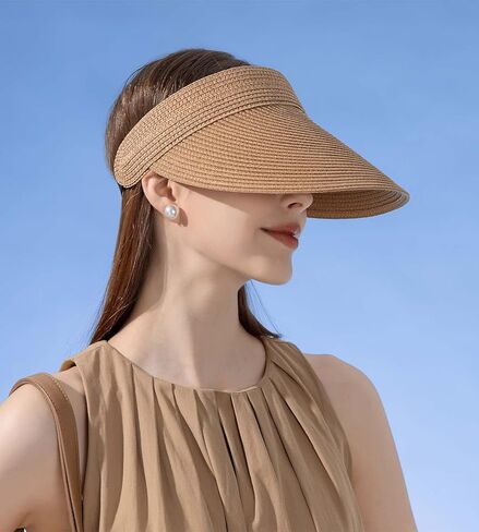 قبعة للوقاية من الشمس للنساء من القش قبعات ذات حافة كبيرة للنساء بعامل حماية من أشعة الشمس 50+ قبعات صيفية قابلة للتعبئة على شكل ذيل حصان للسفر للنساء in Kuwait