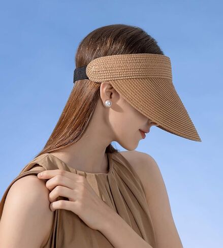 قبعة للوقاية من الشمس للنساء من القش قبعات ذات حافة كبيرة للنساء بعامل حماية من أشعة الشمس 50+ قبعات صيفية قابلة للتعبئة على شكل ذيل حصان للسفر للنساء in Kuwait