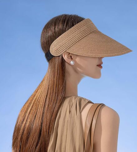 قبعة للوقاية من الشمس للنساء من القش قبعات ذات حافة كبيرة للنساء بعامل حماية من أشعة الشمس 50+ قبعات صيفية قابلة للتعبئة على شكل ذيل حصان للسفر للنساء in Kuwait
