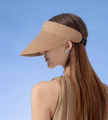 قبعة للوقاية من الشمس للنساء من القش قبعات ذات حافة كبيرة للنساء بعامل حماية من أشعة الشمس 50+ قبعات صيفية قابلة للتعبئة على شكل ذيل حصان للسفر للنساء in Kuwait