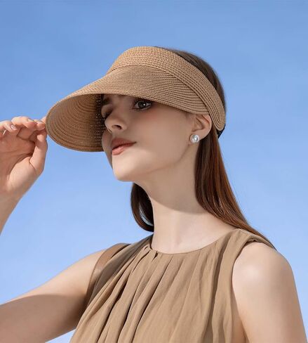 قبعة للوقاية من الشمس للنساء من القش قبعات ذات حافة كبيرة للنساء بعامل حماية من أشعة الشمس 50+ قبعات صيفية قابلة للتعبئة على شكل ذيل حصان للسفر للنساء in Kuwait