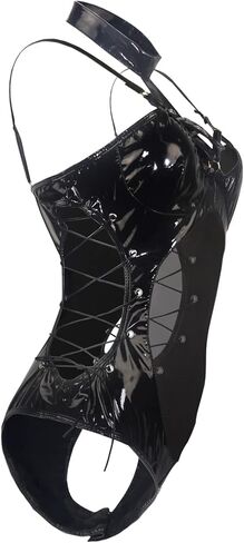 paloli Women's Leather Bodysuit Lingerie,Wet Look One Piece Halter Neck Leotard Clubwear Bodycon Mesh Patchwork Costume in Kuwait