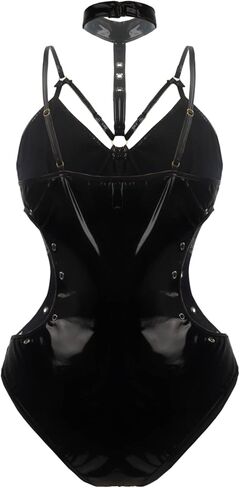 paloli Women's Leather Bodysuit Lingerie,Wet Look One Piece Halter Neck Leotard Clubwear Bodycon Mesh Patchwork Costume in Kuwait