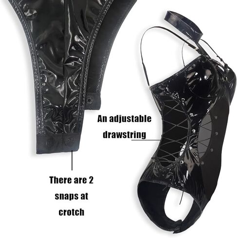 paloli Women's Leather Bodysuit Lingerie,Wet Look One Piece Halter Neck Leotard Clubwear Bodycon Mesh Patchwork Costume in Kuwait