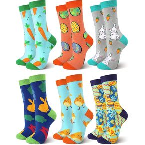 6 Pairs Adult Easter Socks Cute Cartoon Rabbit Carrot Easter Egg Chick Pattern Socks Novelty Casual Fun Cotton Crew Socks for Women Men Easter Costume Gifts, Bright Color, One size in Kuwait