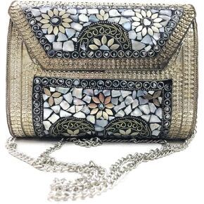 Antique Indian art Handmade Stone mosaic metal bag Women/Girls Bridal metal clutch party sling bag in Saudi Arabia