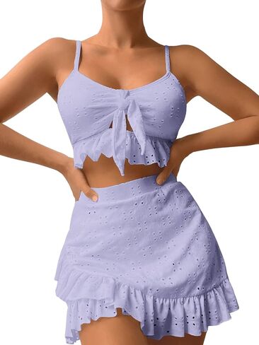 بدلة استحمام للسيدات من SweatyRocks مكونة من 3 قطع برباط أمامي وحاشية مكشكشة عالية القطع بيكيني تانكيني مع تنورة الشاطئ in Kuwait