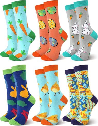 6 Pairs Adult Easter Socks Cute Cartoon Rabbit Carrot Easter Egg Chick Pattern Socks Novelty Casual Fun Cotton Crew Socks for Women Men Easter Costume Gifts, Bright Color, One size in Kuwait