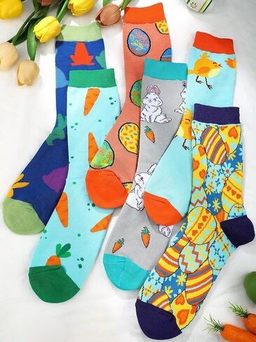 6 Pairs Adult Easter Socks Cute Cartoon Rabbit Carrot Easter Egg Chick Pattern Socks Novelty Casual Fun Cotton Crew Socks for Women Men Easter Costume Gifts, Bright Color, One size in Kuwait