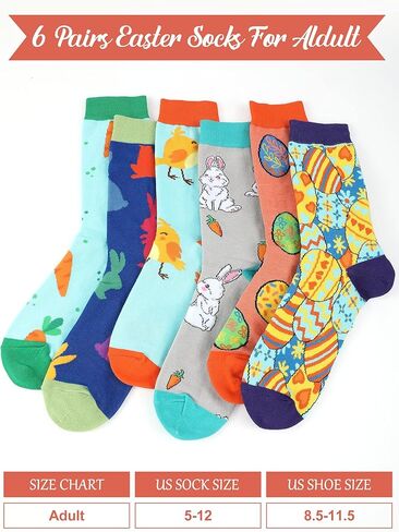 6 Pairs Adult Easter Socks Cute Cartoon Rabbit Carrot Easter Egg Chick Pattern Socks Novelty Casual Fun Cotton Crew Socks for Women Men Easter Costume Gifts, Bright Color, One size in Kuwait