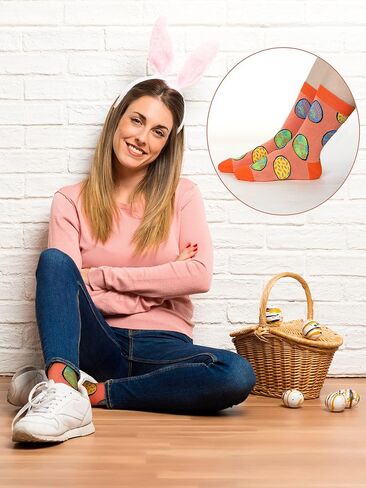 6 Pairs Adult Easter Socks Cute Cartoon Rabbit Carrot Easter Egg Chick Pattern Socks Novelty Casual Fun Cotton Crew Socks for Women Men Easter Costume Gifts, Bright Color, One size in Kuwait