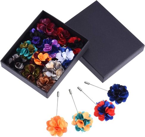 فانريل 16 قطعة من دبابيس طية صدر السترة للرجال مصنوعة يدويا من الساتان لبدلة الزفاف والعريس مع صندوق, ساتان ميتال in Kuwait