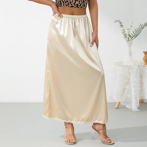 Liangchengmei Women's Satin Half Slip Lace Long Underskirt Elastic Waist Long Slips for Under Dresses Extender Underskirt in Saudi Arabia
