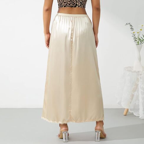 Liangchengmei Women's Satin Half Slip Lace Long Underskirt Elastic Waist Long Slips for Under Dresses Extender Underskirt in Saudi Arabia