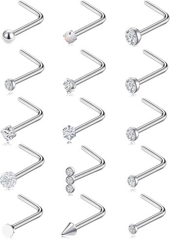 Akeoqi 15PCS G23 Titanium Nose Studs Ring L-Shaped Round CZ Ball Opal Star Heart Nostril Body Piercings Jewelry Set for Women Men Silver Gold Tone 20G 1.5mm 2mm 2.5mm 3mm 3.5mm in Saudi Arabia