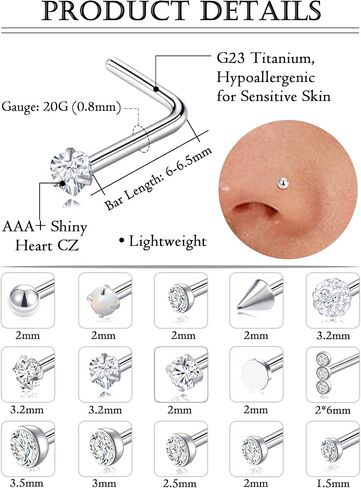 Akeoqi 15PCS G23 Titanium Nose Studs Ring L-Shaped Round CZ Ball Opal Star Heart Nostril Body Piercings Jewelry Set for Women Men Silver Gold Tone 20G 1.5mm 2mm 2.5mm 3mm 3.5mm in Saudi Arabia