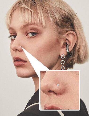 Akeoqi 15PCS G23 Titanium Nose Studs Ring L-Shaped Round CZ Ball Opal Star Heart Nostril Body Piercings Jewelry Set for Women Men Silver Gold Tone 20G 1.5mm 2mm 2.5mm 3mm 3.5mm in Saudi Arabia