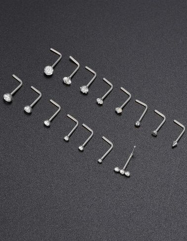 Akeoqi 15PCS G23 Titanium Nose Studs Ring L-Shaped Round CZ Ball Opal Star Heart Nostril Body Piercings Jewelry Set for Women Men Silver Gold Tone 20G 1.5mm 2mm 2.5mm 3mm 3.5mm in Saudi Arabia