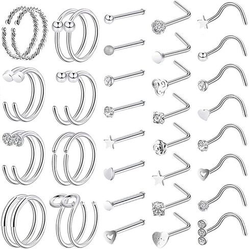 ZGWAUYYDS 40 PCS 20G Nose Rings for Women Nose Piercings Jewelry Nose Rings Hoops Nose Studs Screw for Women (style 1) in Saudi Arabia